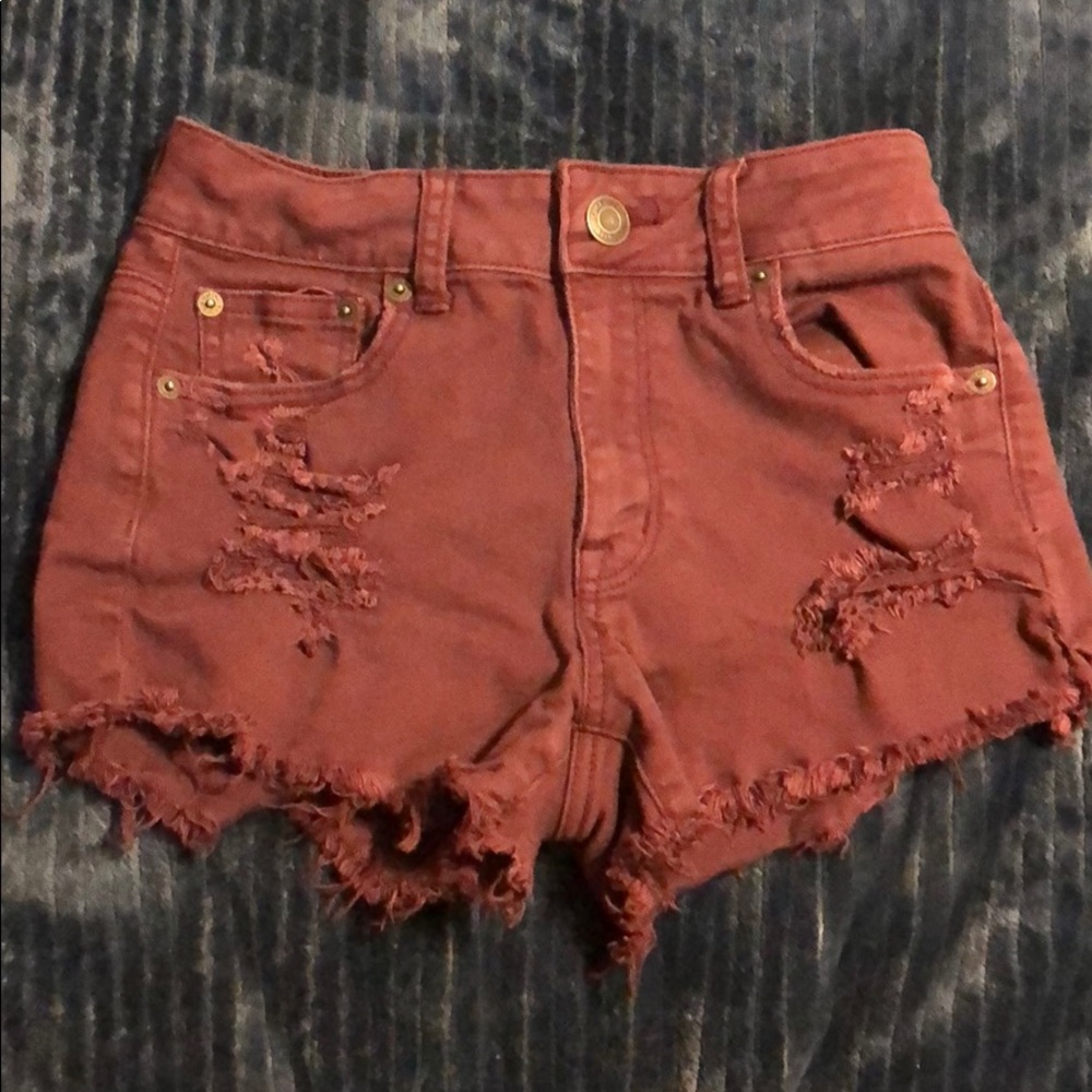 American eagle maroon/burgundy ripped jean shorts